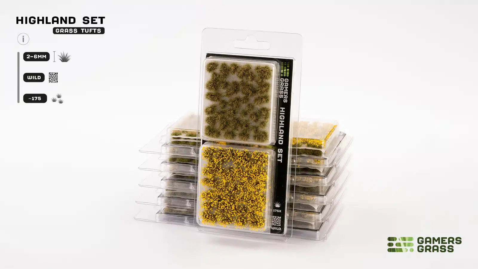 Official blister packaging for the GamersGrass Highland Set containing approximately 175 self-adhesive tufts.