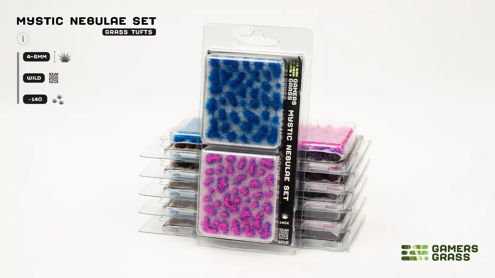 Official blister packaging for the GamersGrass Mystic Nebulae Set containing approximately 140 self-adhesive tufts