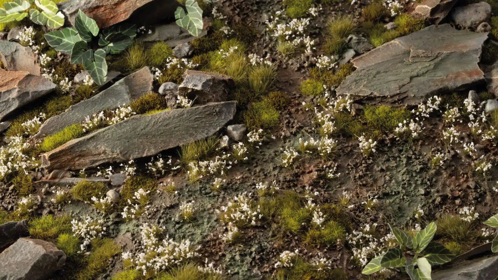 Professional scenic diorama featuring White Lily tiny flowers for a refined, natural meadow effect.