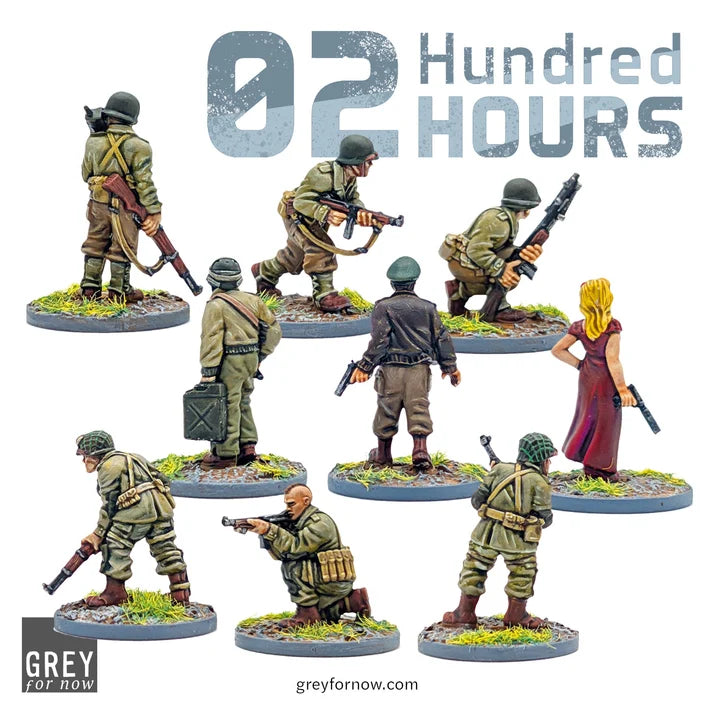 Rear detail view of painted US OSS operatives showing backpacks weapons and uniform equipment