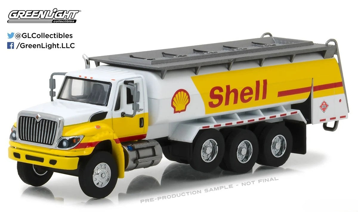 Front three-quarter studio view of 1/64 scale GreenLight 2017 International WorkStar Shell Oil tanker truck.