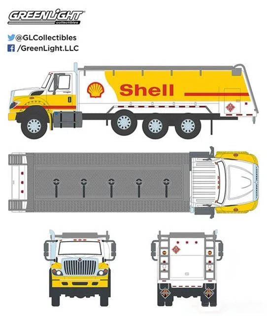 Official GreenLight factory schematic illustration of the 2017 International WorkStar Shell Oil tanker truck.