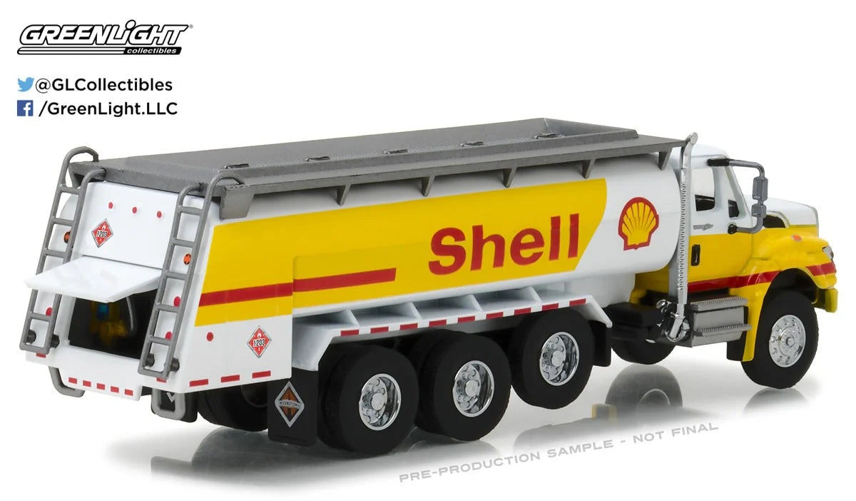 Rear angle view of GreenLight 2017 International WorkStar Shell tanker showing opened equipment hatch and ladder detail.