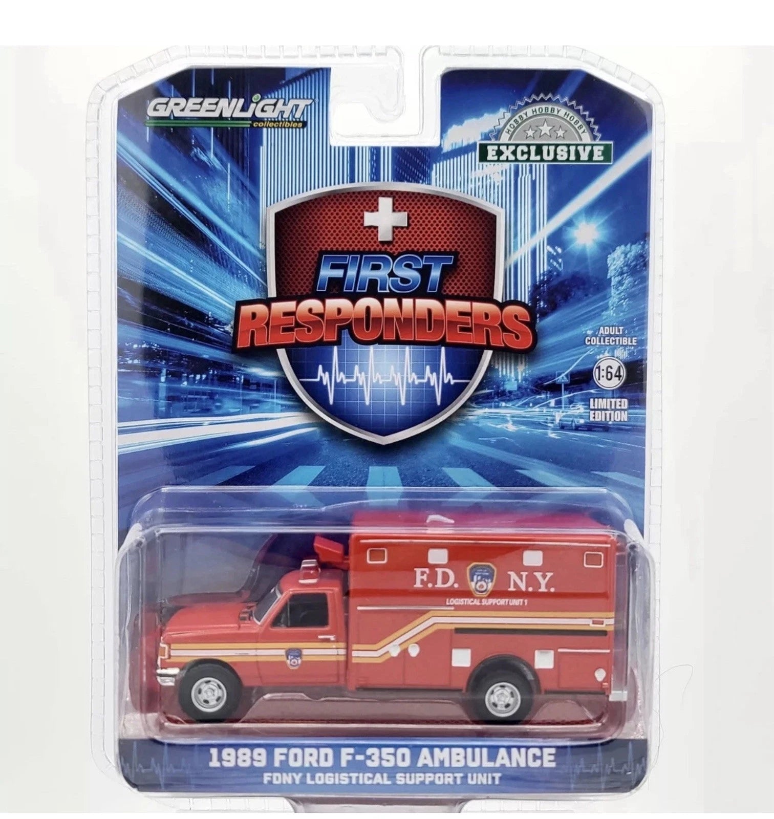 Blister packaging of Greenlight First Responders Collection 1989 Ford F-350 FDNY Ambulance