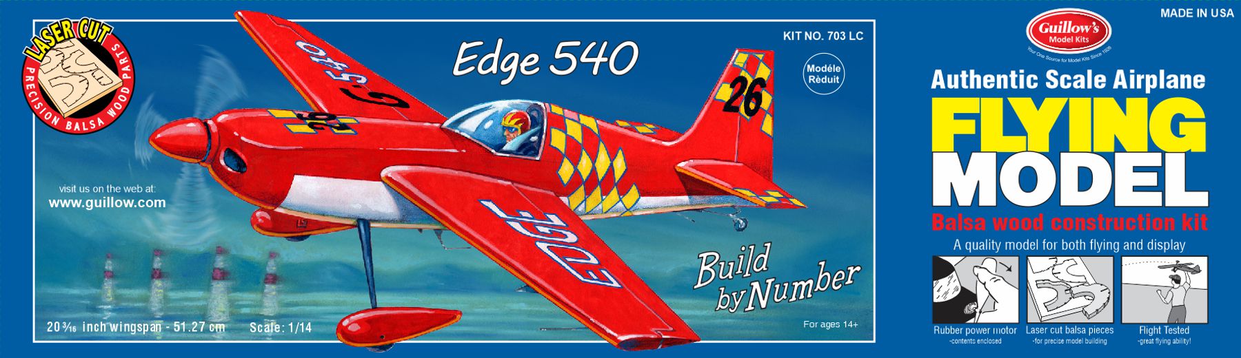 Guillow's 1/14 scale Zivko Edge 540 balsa wood model kit box featuring red aerobatic plane artwork.