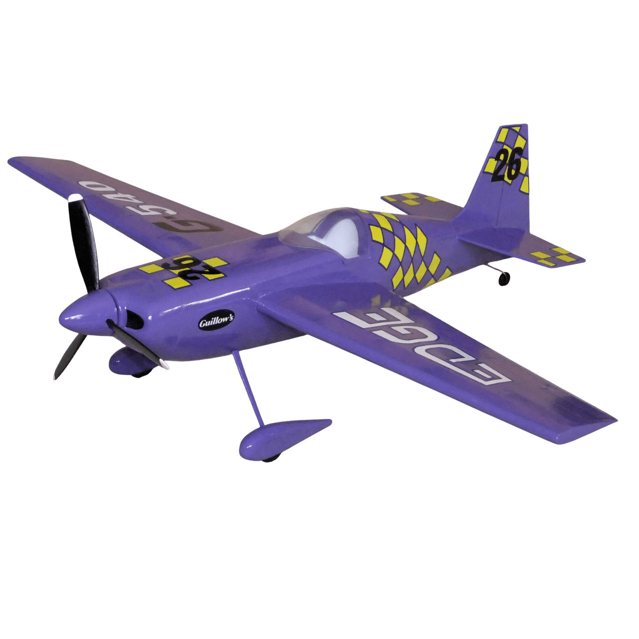 Completed Guillow's Zivko Edge 540 balsa wood model airplane in purple and yellow aerobatic livery