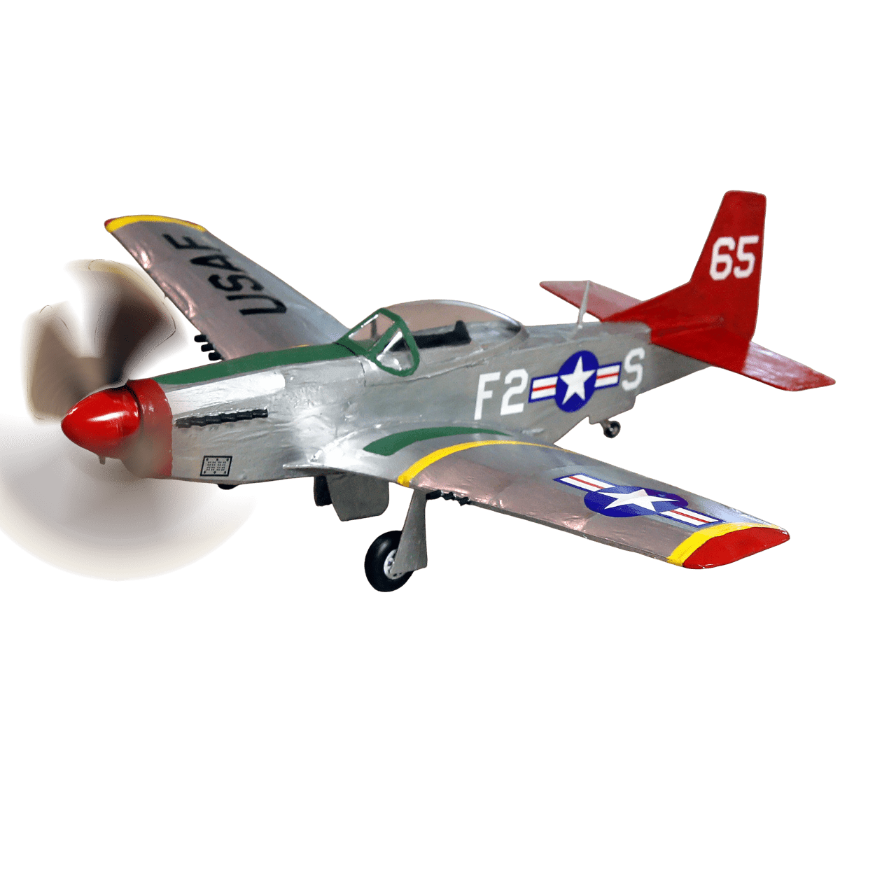Completed Guillow's P-51D Mustang balsa model airplane with spinning propeller display.