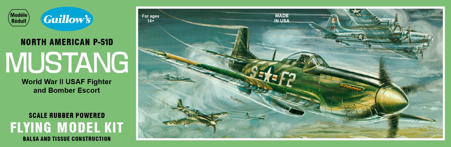 Guillow's 1/25 scale P-51D Mustang balsa wood model kit box featuring WWII fighter artwork.