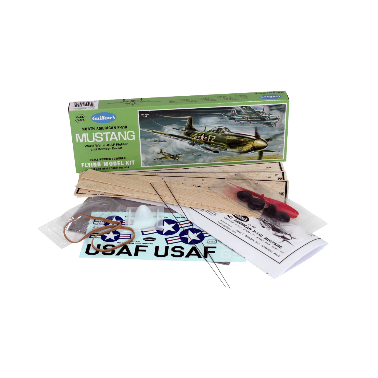 Guillow's 1/25 scale P-51D Mustang balsa model kit contents showing laser-cut wood, canopy, and propeller.