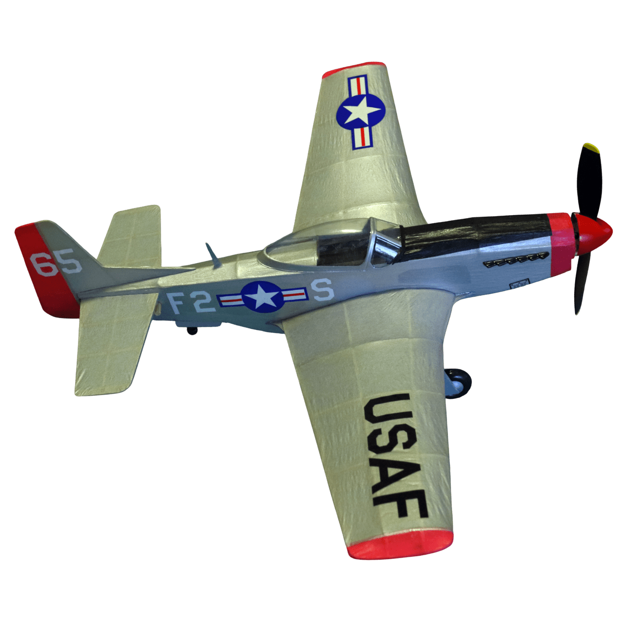 Top-down view of completed Guillow's P-51D Mustang balsa wood model plane with USAF markings.