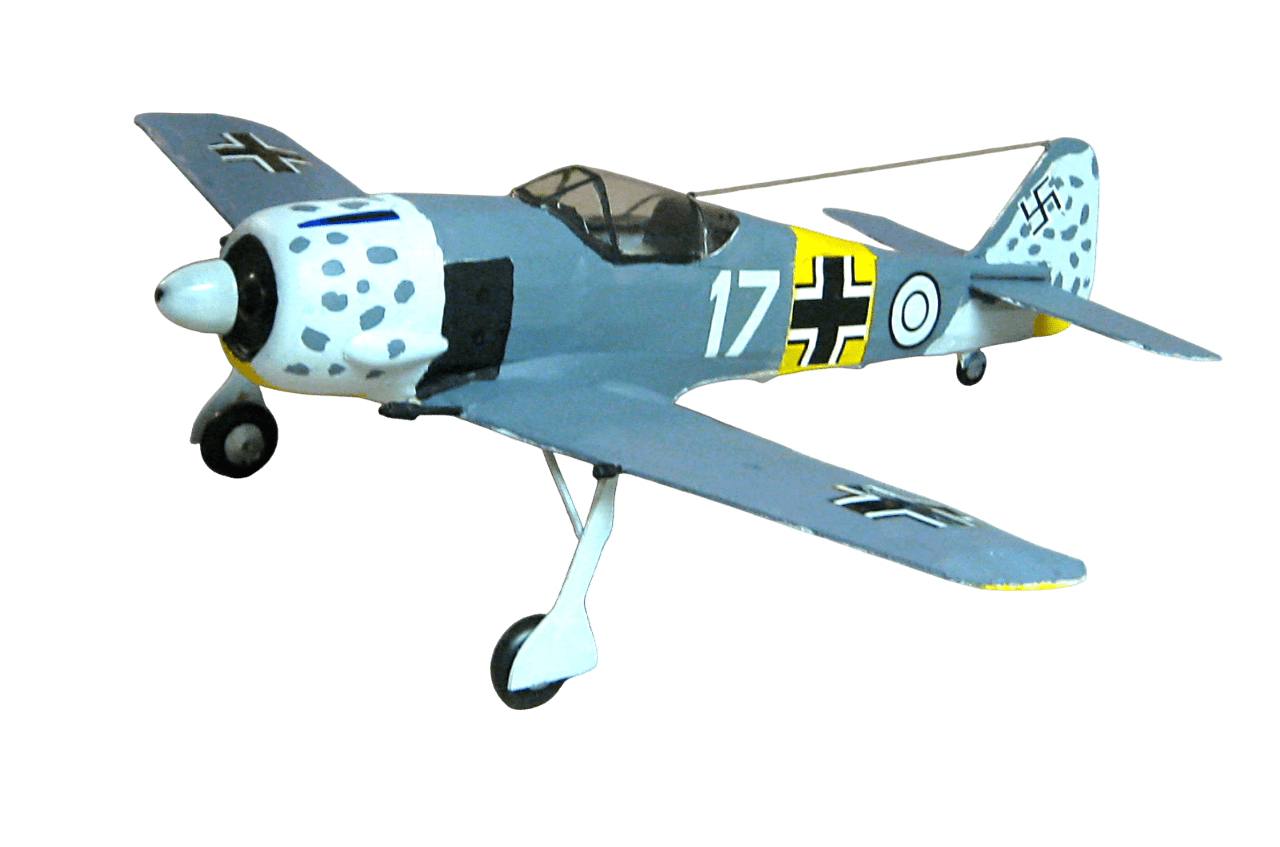 Assembled and painted Guillow's Focke-Wulf Fw-190 balsa wood model airplane on display