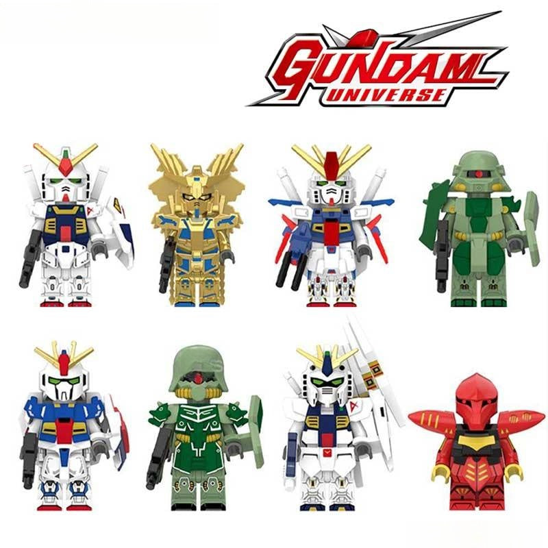 Minifigure Toys Mobile Suit Gundam set of 8 custom minifigures featuring RX-78-2 Zaku II Nu Gundam and Hyaku Shiki.