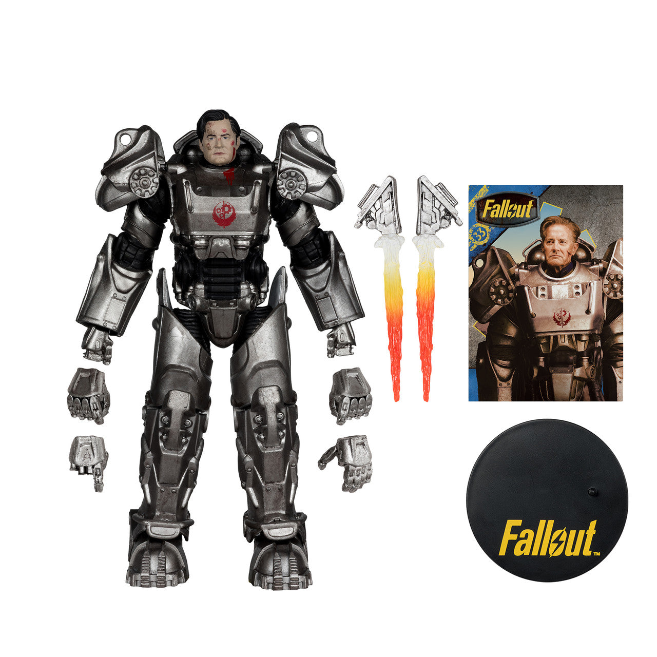 Technical view of Hank MacLean Fallout figure accessories including forearm jets with flame effects, swappable hands, and base