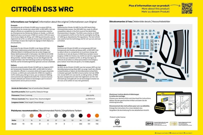 Rear packaging view of Heller Citroën DS3 WRC model kit displaying decal sheet and recommended paints.