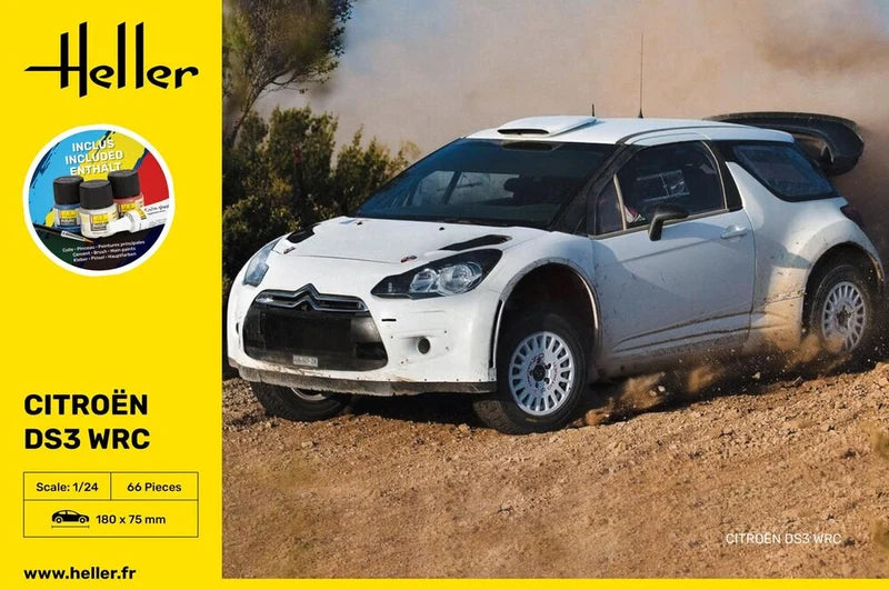 Heller 1/24 scale Citroën DS3 WRC starter set model kit box art showing factory test rally car.