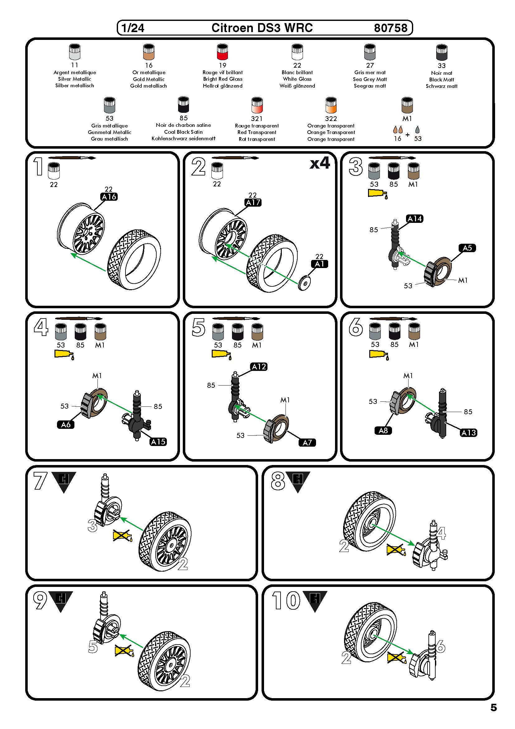 Assembly guide page 5 showing tire, wheel rim, and brake disc installation for Heller Citroën DS3 WRC.