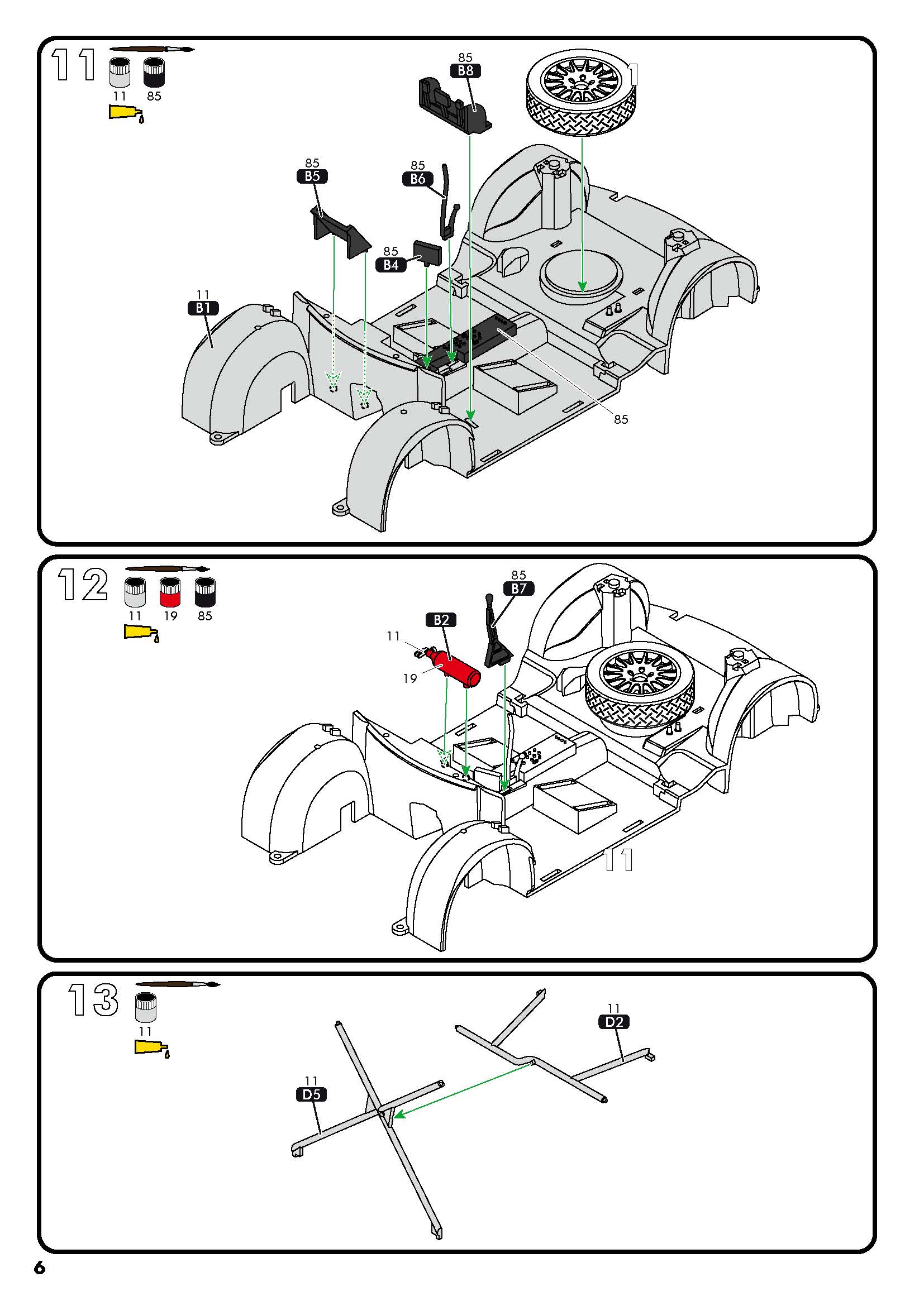 Assembly guide page 6 detailing cockpit tub, fire extinguisher, gear shift, and roll cage structure.