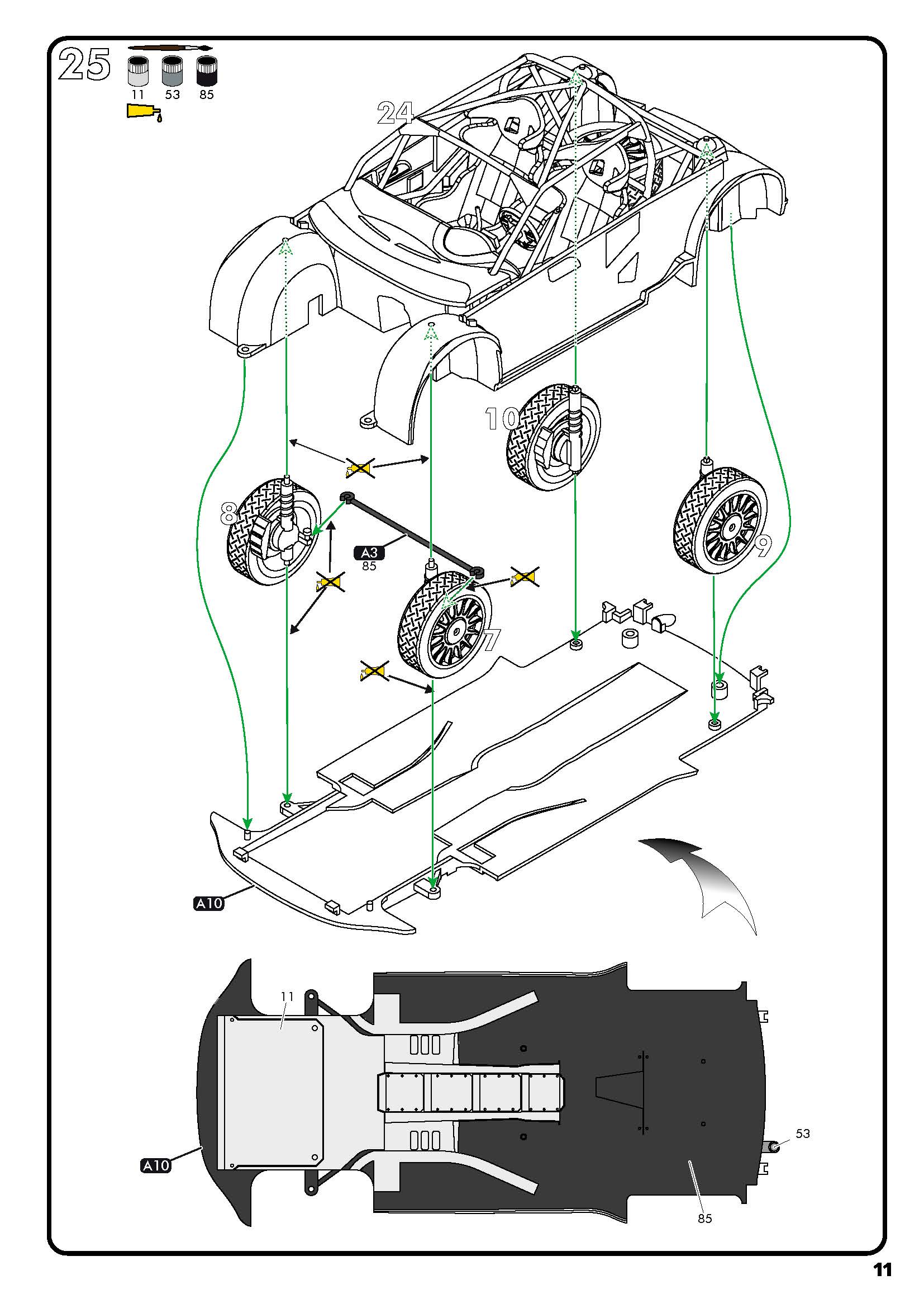 Assembly guide page 11 illustrating chassis attachment, suspension mounting, and underbody assembly.