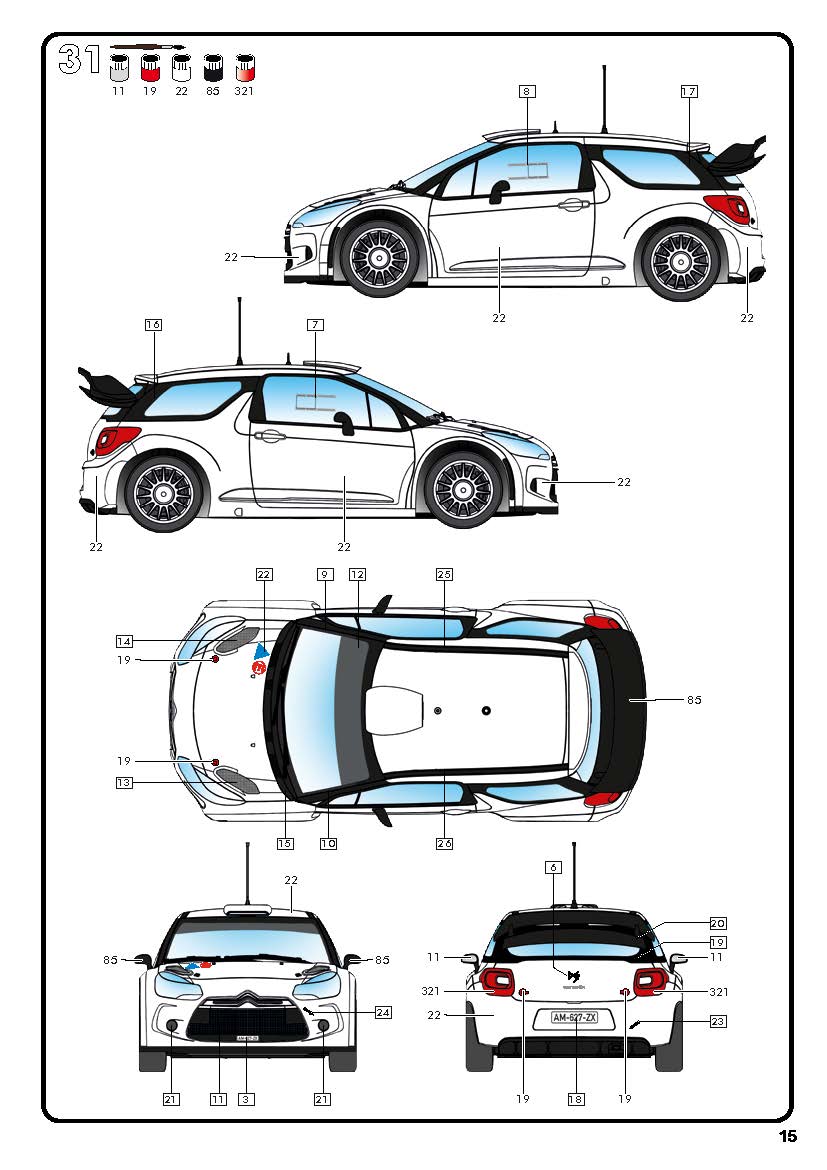 Full multi-view painting diagram and decal placement scheme for Citroën DS3 WRC rally car.