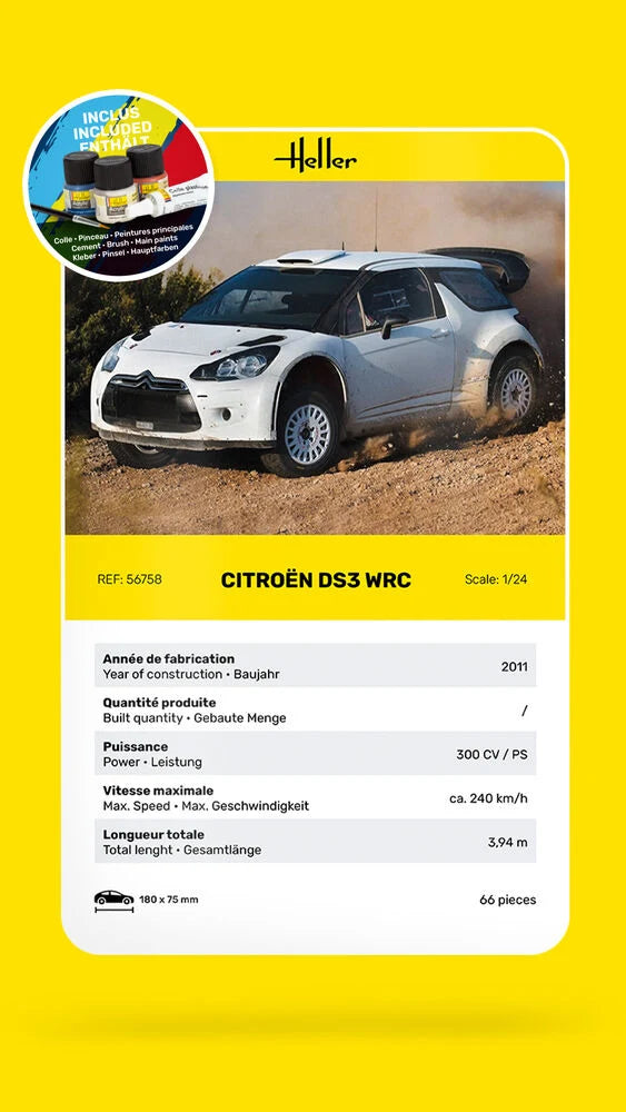 Technical specifications card for Heller Citroën DS3 WRC 1/24 scale model kit.