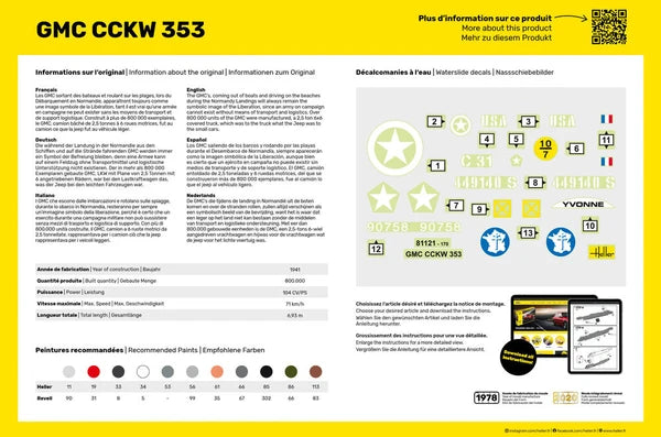 Rear packaging view of Heller GMC CCKW 353 model kit displaying decal sheet and paint codes.