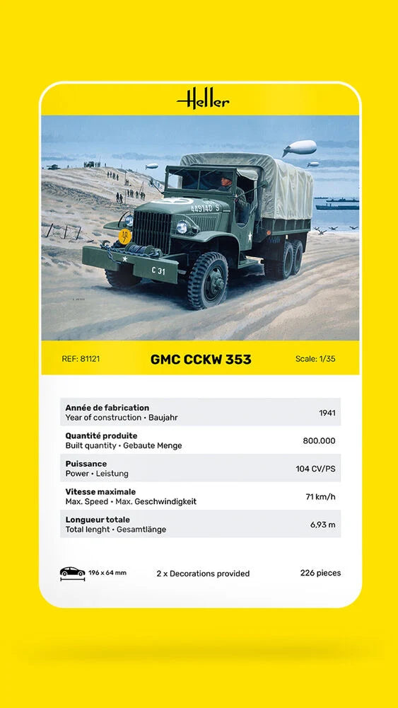 Technical specifications card for Heller GMC CCKW 353 1/35 scale military cargo truck.