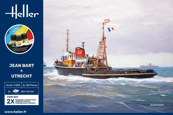 Heller 1/200 scale Jean Bart and Utrecht twin set model kit box art showing ocean tug at sea.