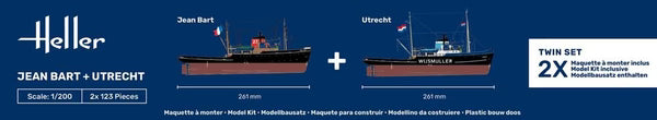 Side box packaging showing 1/200 scale dimensions and completed profile renders of both tugboats.
