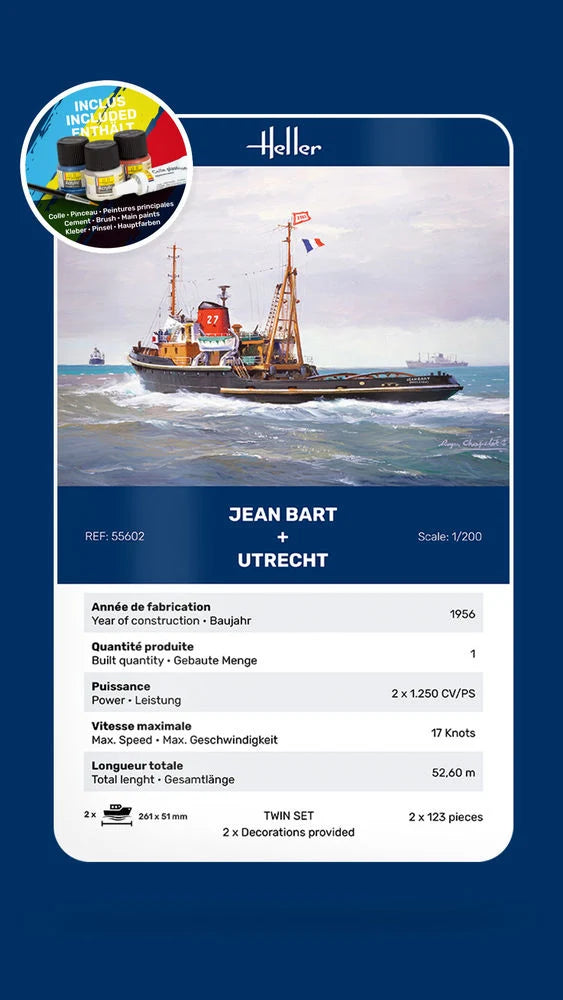 Technical specifications card for Heller Jean Bart and Utrecht 1/200 scale tugboat twin set.