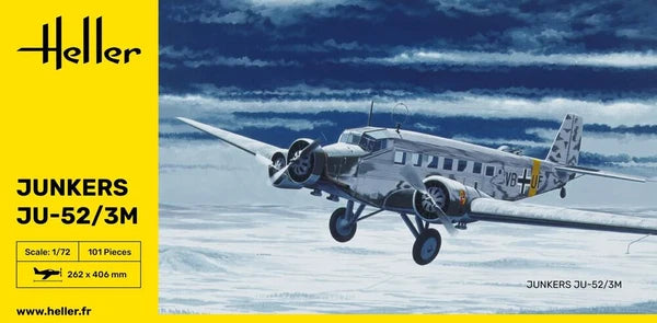Heller 1/72 scale Junkers Ju-52/3M model kit box art showing trimotor transport flying over winter front.