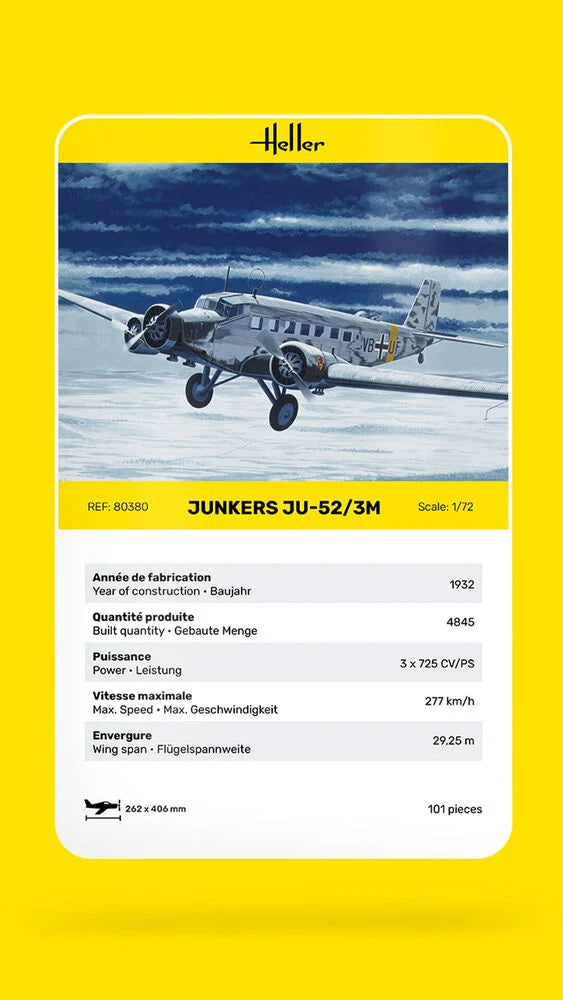 Technical specifications card for Heller Junkers Ju-52/3M 1/72 scale transport model kit.