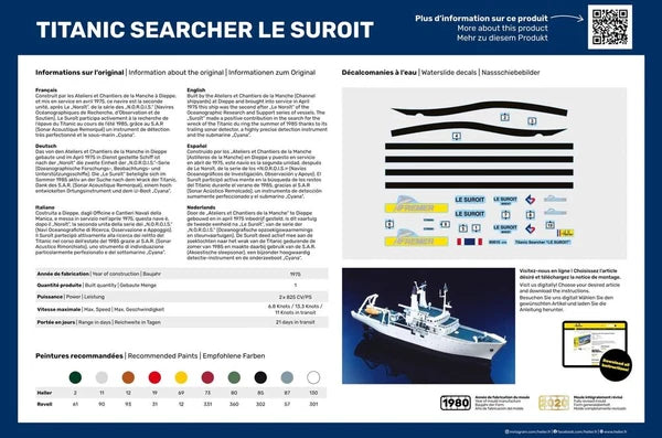Rear packaging view of Heller Le Suroît model kit displaying waterslide decal sheet, color profiles, and technical history