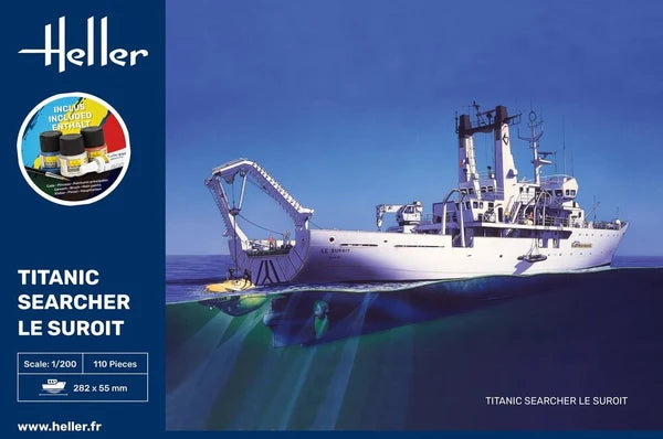 Heller 1/200 scale Titanic Searcher Le Suroît starter set model kit box art showing ship and sonar mapping ocean floor.