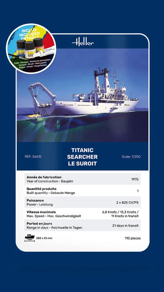 Technical specifications card for Heller Titanic Searcher Le Suroît 1/200 scale research ship model kit.