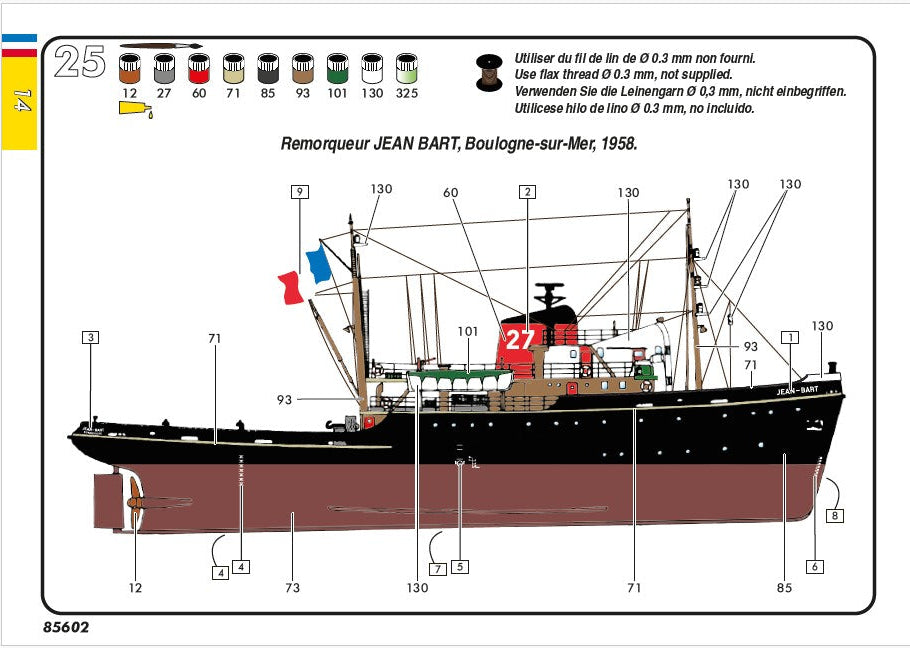 Painting diagram and decal placement guide for Jean Bart 1958 rescue tugboat model.