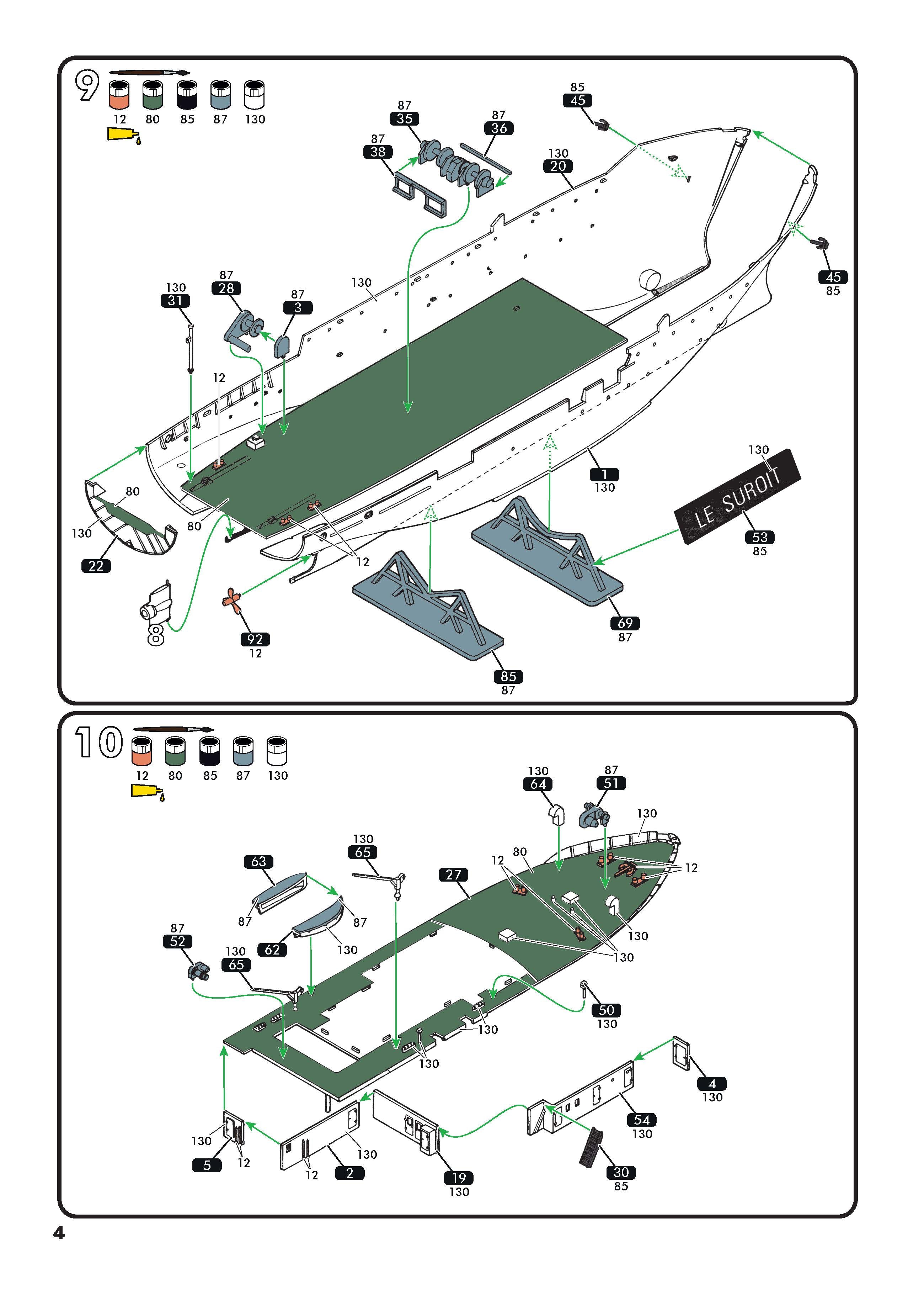 Assembly diagram page 4 showing hull deck fitting, stern gantry, and display stand installation.