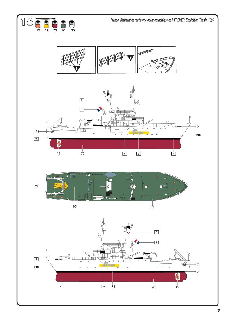 Instruction manual page 7 showing full painting diagram and decal placement scheme for IFREMER Le Suroît 1985