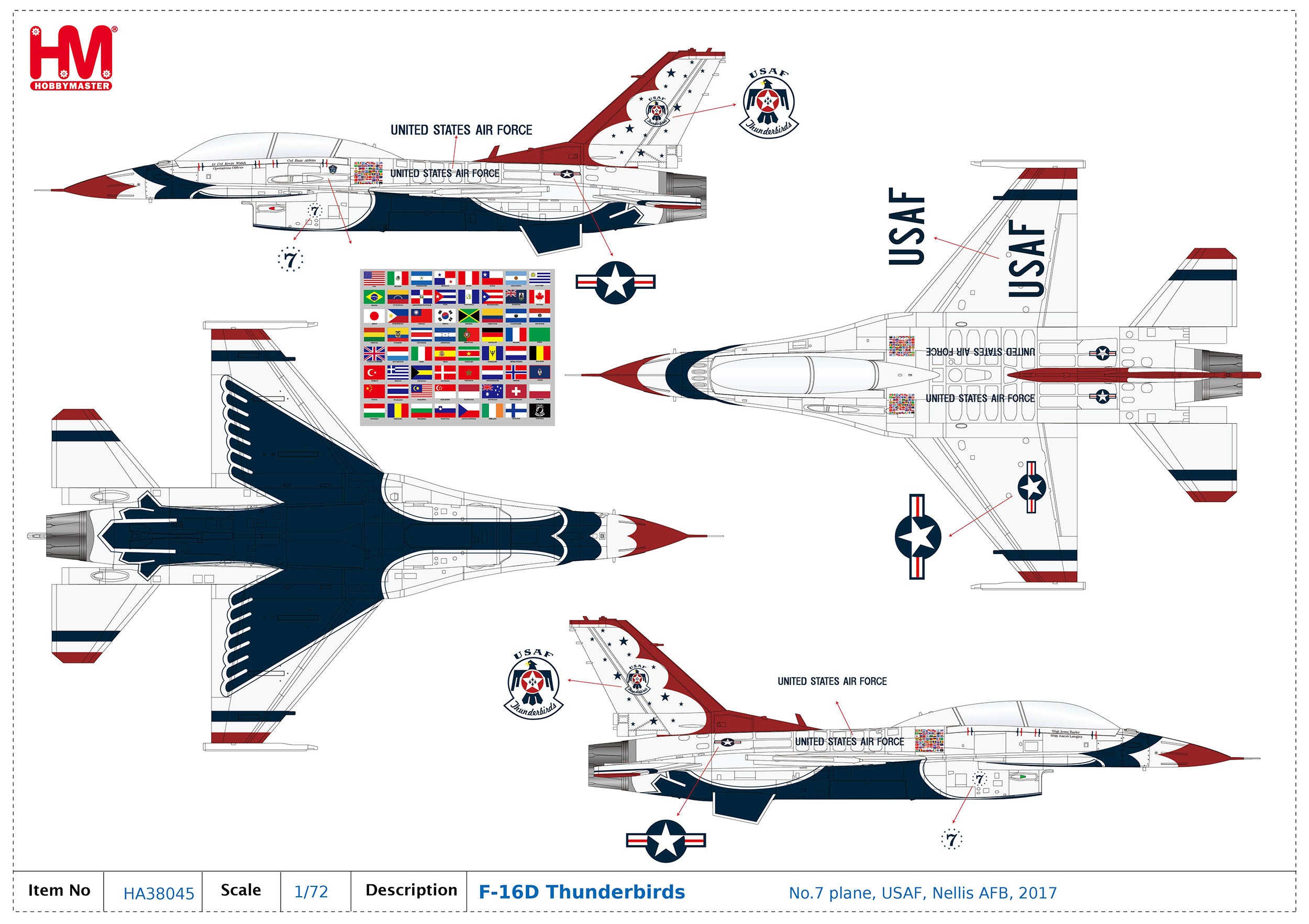 Hobby Master F-16D Thunderbirds #7 1:72 Scale Model Markings Illustration