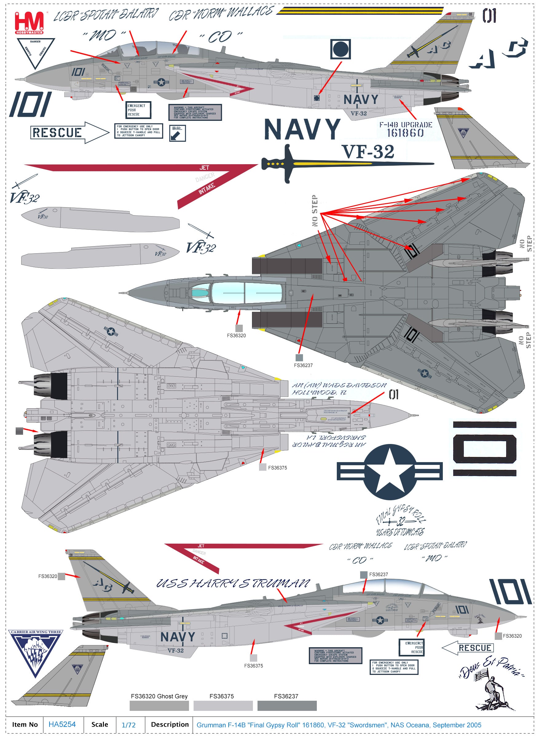 Hobby Master F-14B Tomcat (VF-32 Swordsmen 2005) 1:72 Scale Diecast Aircraft Model Markings Illustration