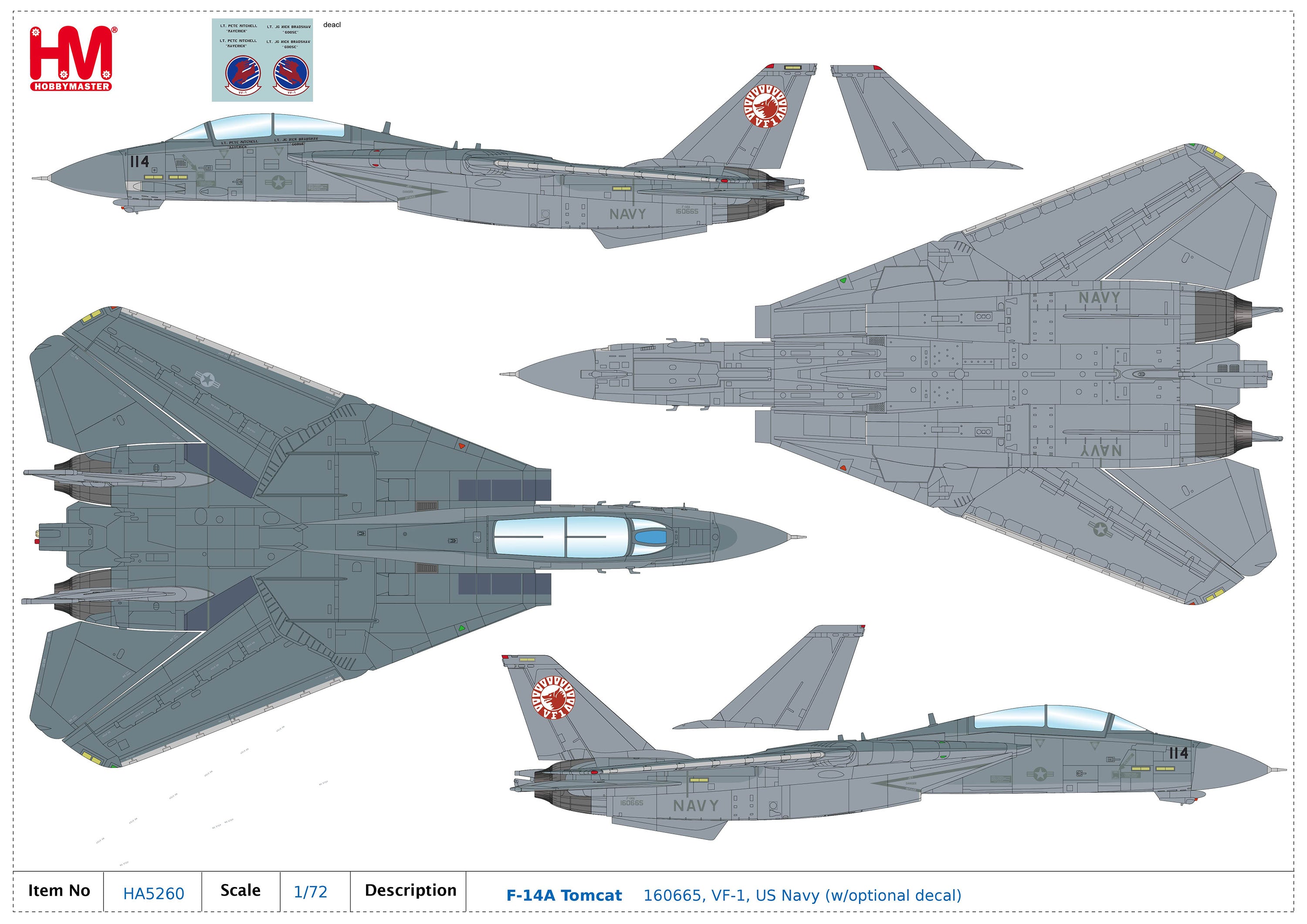 Decal layout sheet for Maverick Goose pilot names and movie tail fin variations