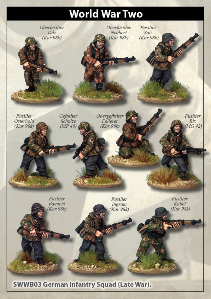 Second World War Late War German Infantry Section (In Smocks), 28 mm Scale Model Metallic Figures