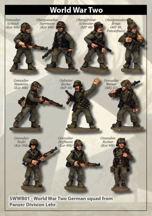 Second World War German Panzer Lehr Grenadier Squad, 28 mm Scale Model Metallic Figures