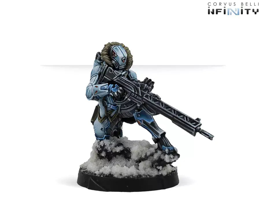Infinity PanOceania painted Karhu miniature equipped with a Feuerbach heavy weapon