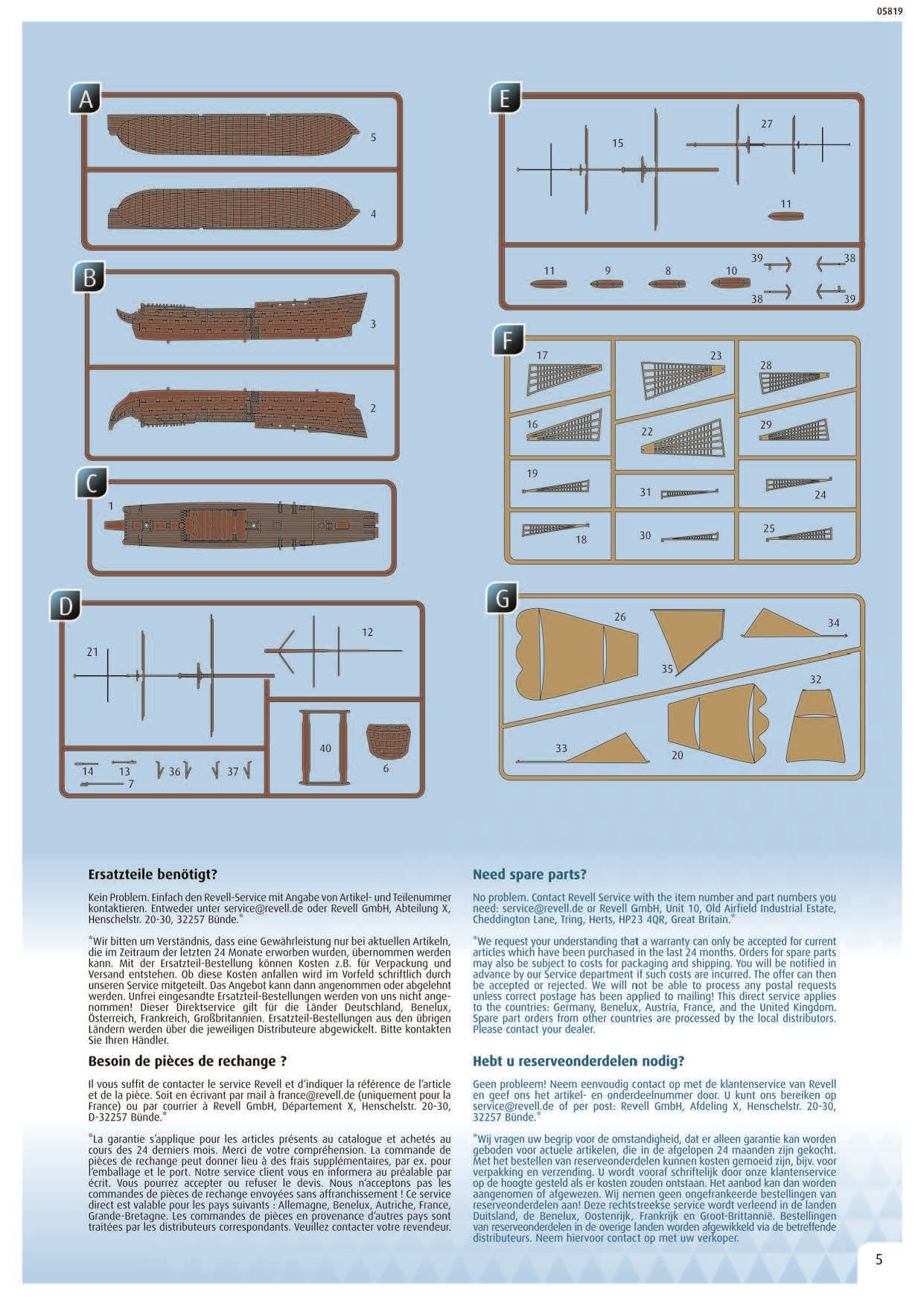 Illustrated parts layout showing sprues A through G including hull halves and sails for Revell 05819.