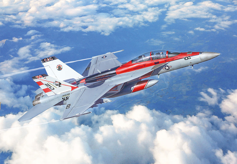 Fine art illustration of a U.S. Navy F/A-18F Super Hornet jet flying through clouds wearing high-visibility red markings.