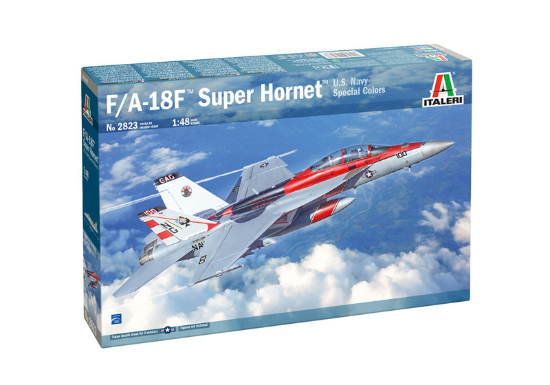 Italeri 1:48 scale F/A-18F Super Hornet U.S. Navy Special Colors model kit box art showing a VFA-41 CAG jet in flight