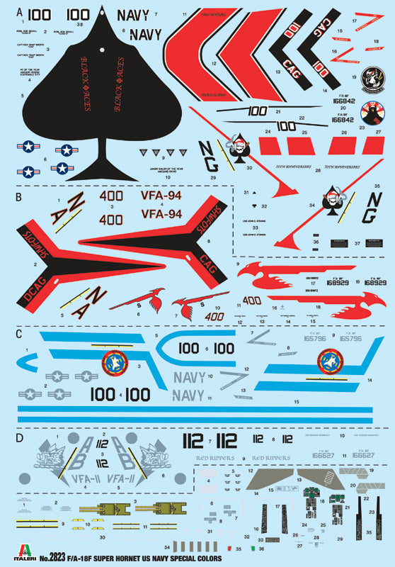 Premium screen-printed squadron decal markings for Italeri 2823 F/A-18F including VFA-41, VFA-94, and VFA-11.
