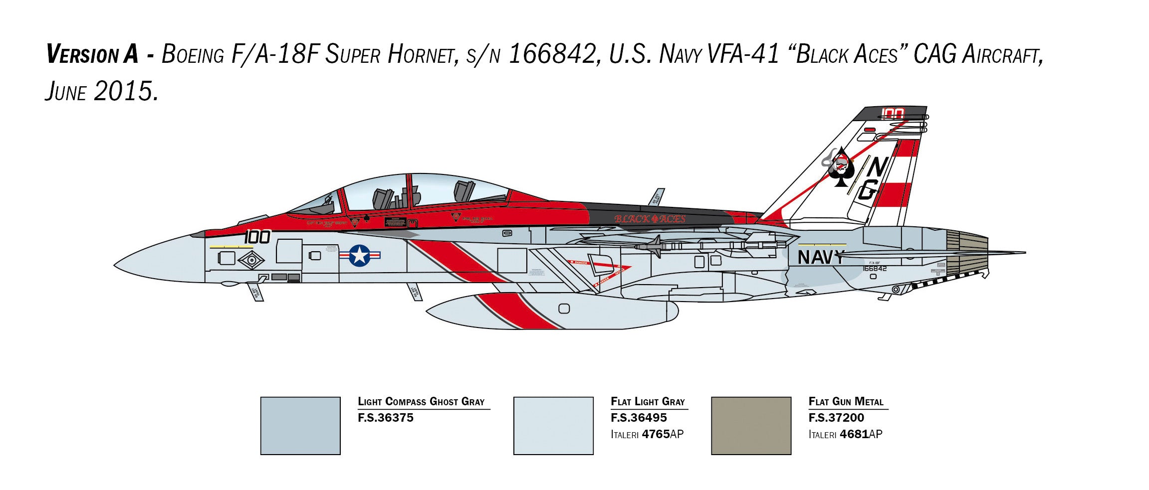 Technical color profile profile diagram for VFA-41 Black Aces CAG aircraft version with striking red spine.