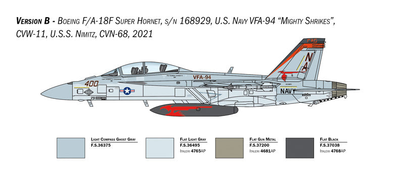 Technical painting guide side view for VFA-94 Mighty Shrikes F/A-18F deployed on the USS Nimitz.