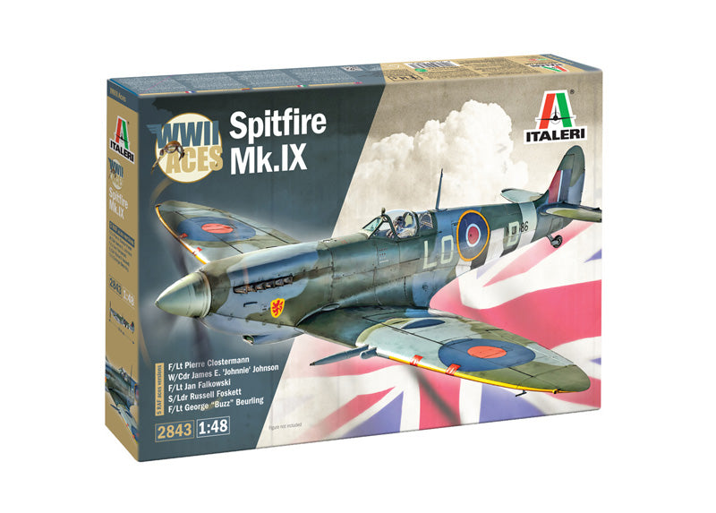 Italeri 1:48 scale Spitfire Mk. IX Aces model kit box art showing Pierre Clostermann's fighter in flight.